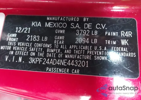 2022 Kia Forte Lxs from USA, damaged, VIN 3KPF24AD4NE443201